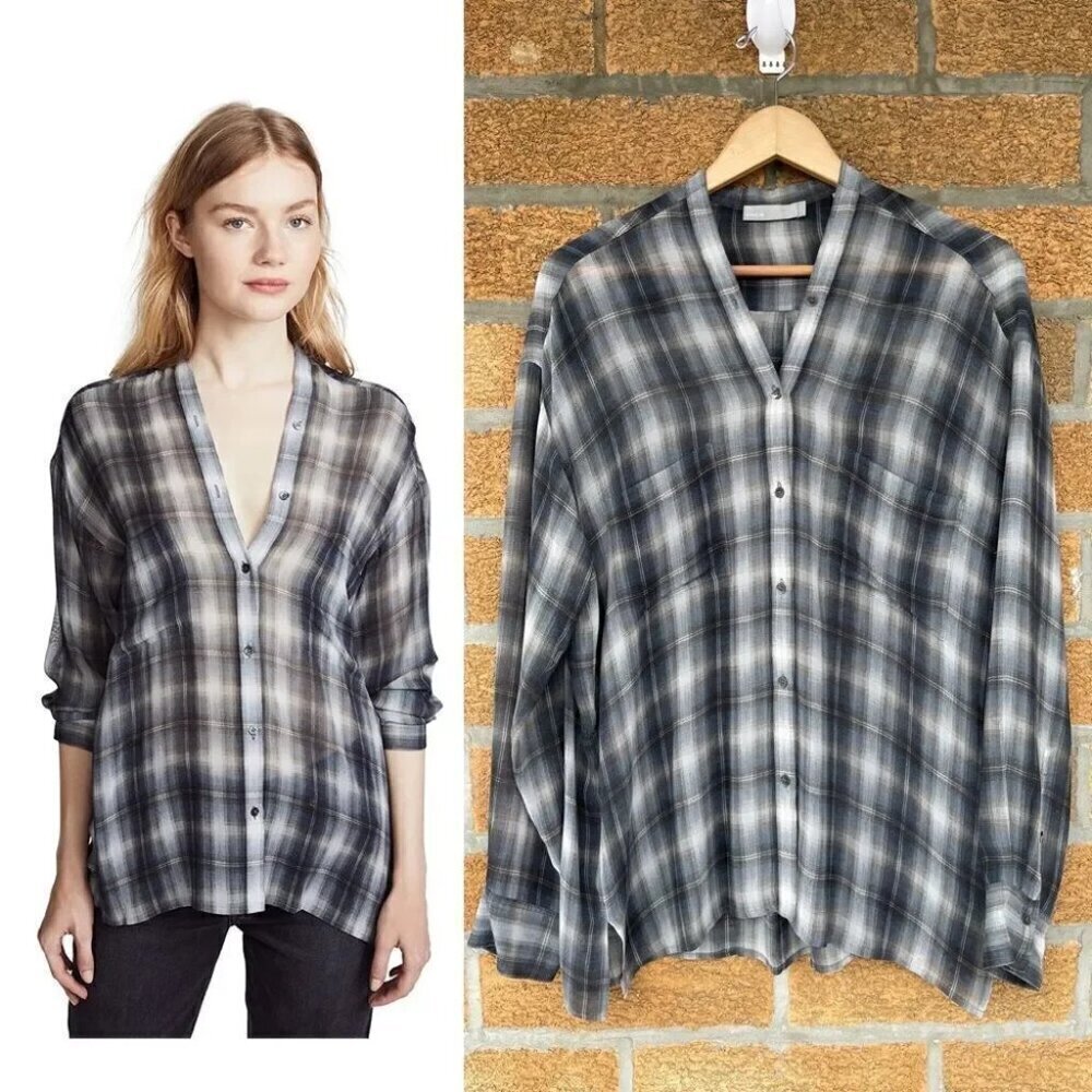 Vince Shadow Plaid Silk Georgette V Neck Blouse Large